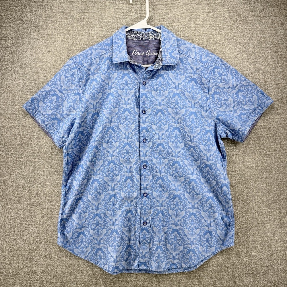 Robert Graham Classic Fit Shirt Men Size Large Light Blue Paisley Short Sleeve